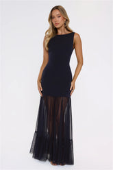 Sultry Mesh Tie Back Cutout Maxi Dress Navy