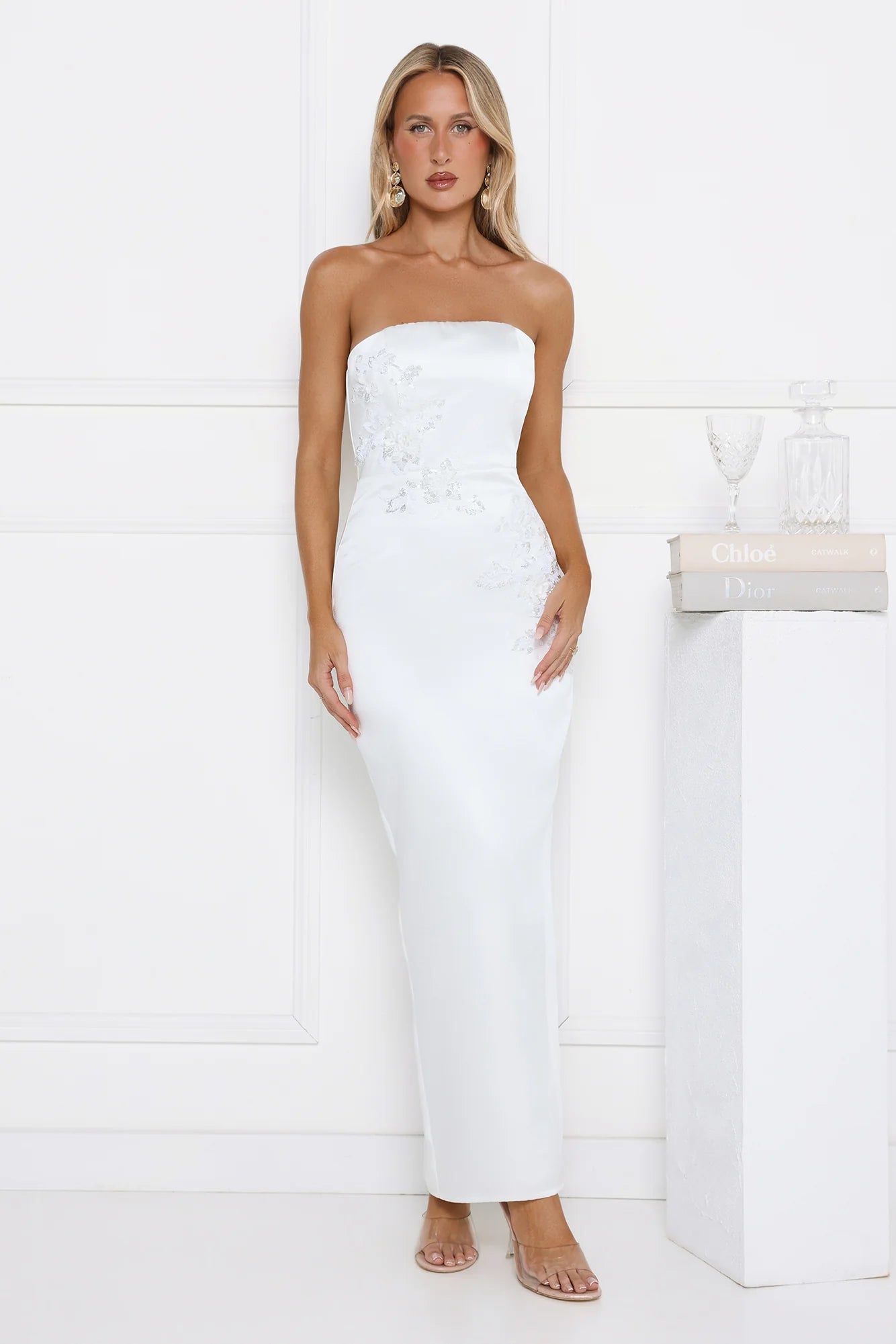 Dusk Desire Strapless Embellished Maxi Dress White